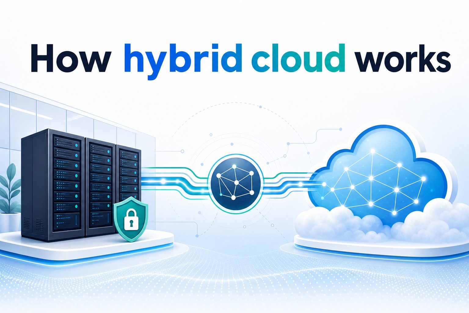 Hybrid cloud diagram showing public cloud, private cloud, and on-premises systems connected securely